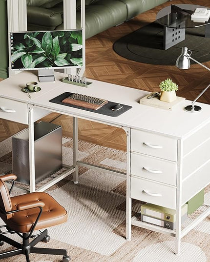 55 Inch Computer Desk with 4 Drawers, Office Desk with Mesh Shelf, Gaming Desk, Large Storage, Writing Desk Work Desk for Home Office, Study, Bedroom, Work from Home, White - LeafyLoom