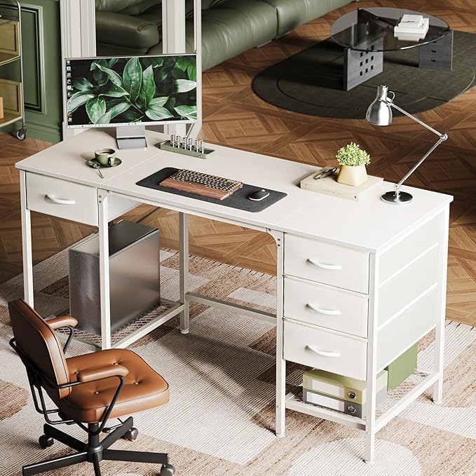 55 Inch Computer Desk with 4 Drawers, Office Desk with Mesh Shelf, Gaming Desk, Large Storage, Writing Desk Work Desk for Home Office, Study, Bedroom, Work from Home, White - LeafyLoom