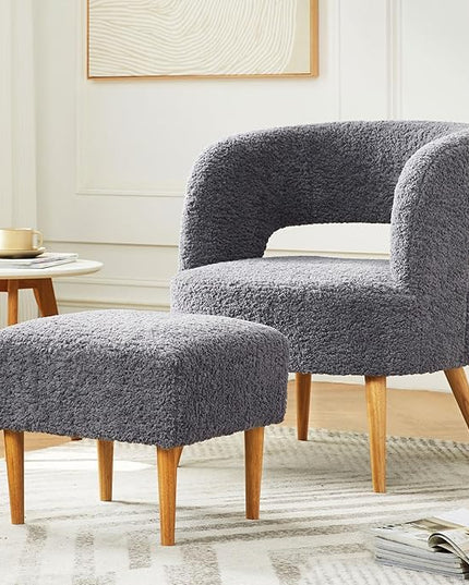 Accent Chair with Ottoman Teddy Fleece Upholstered Armchair Mid-Century Modern Comfortable Chairs and Ottoman Set with Wooden Legs for Living Room, Bedroom(Dark Grey) - LeafyLoom