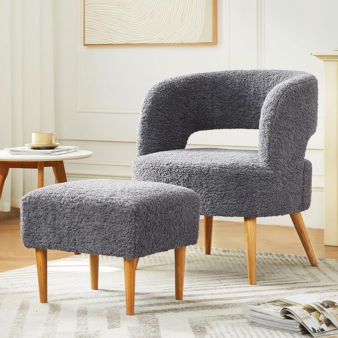 Accent Chair with Ottoman Teddy Fleece Upholstered Armchair Mid-Century Modern Comfortable Chairs and Ottoman Set with Wooden Legs for Living Room, Bedroom(Dark Grey) - LeafyLoom
