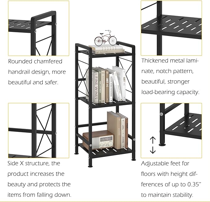 JSB 3 Tier Metal Bookshelf Bathroom Storage Standing Shelf Unit Kitchen Storage Organizer Display Rack Bookcases Shelves for Living Room, Bedroom, Office (Black, 3 Tier) - LeafyLoom