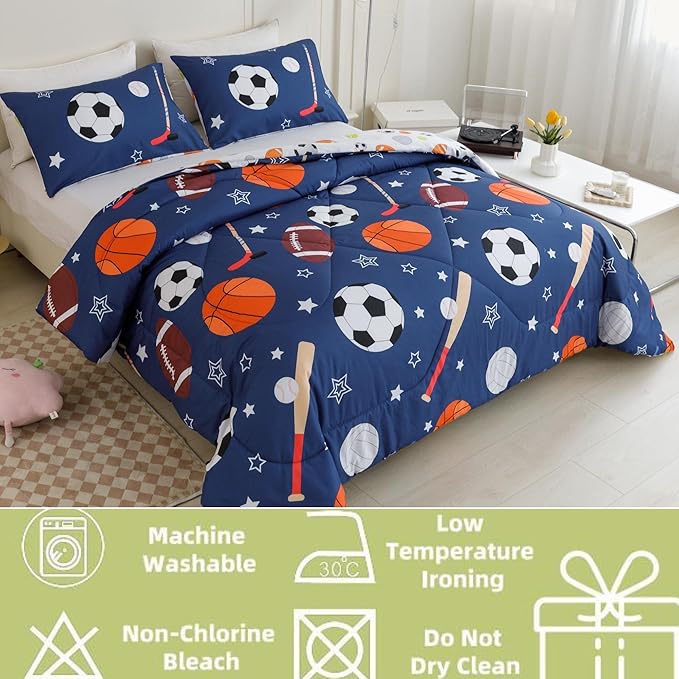 RYNGHIPY Kids Sports Theme Bedding Set, Basketball Football Baseball Tennis Print Comforter Set for Teens Boys Girls, Super Soft Lightweight (Balls,Twin) - LeafyLoom