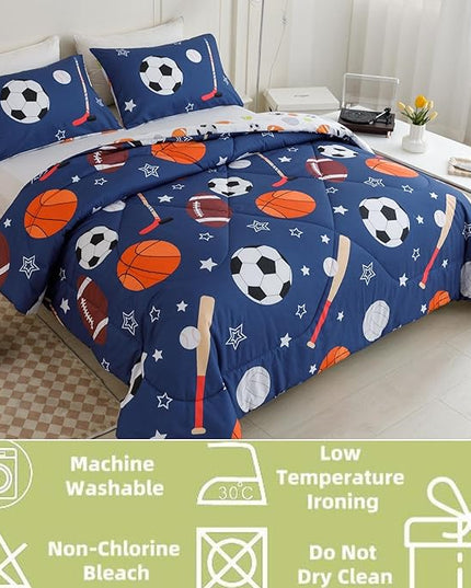 RYNGHIPY Kids Sports Theme Bedding Set, Basketball Football Baseball Tennis Print Comforter Set for Teens Boys Girls, Super Soft Lightweight (Balls,Queen) - LeafyLoom