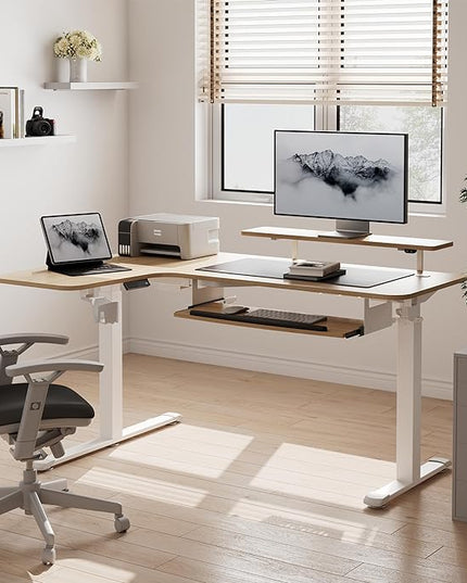 EUREKA ERGONOMIC Standing Desk Adjustable Height 61" Electric Sit Stand Computer Desk L Shaped with Keyboard Tray,Monitor Stand &LED, Dual Motor Memory Presets Sit to Desk Adjustable Desk, Left/Maple - LeafyLoom