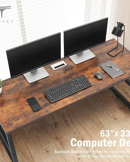 TOPSKY Computer Desk with Bookshelf/Metal Hole Cable Cover 1.18" Thick Desk (Rustic Brown, 63") - LeafyLoom