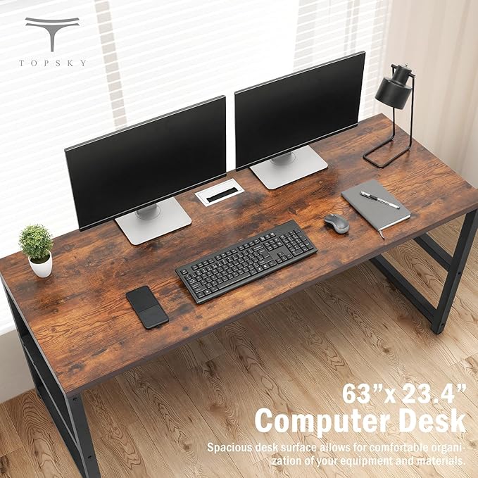 TOPSKY Computer Desk with Bookshelf/Metal Hole Cable Cover 1.18" Thick Desk (Rustic Brown, 63") - LeafyLoom