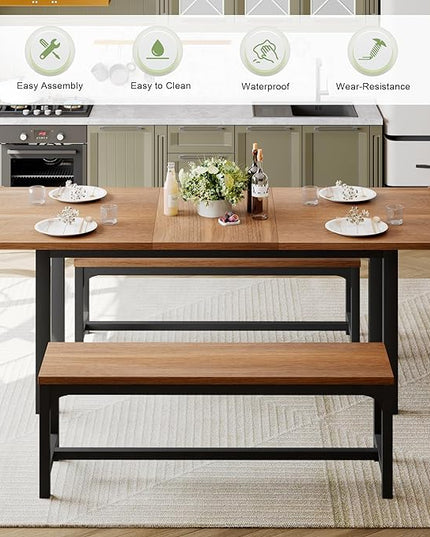 Feonase 63" Dining Table Set for 4-6, Extendable Dining Room Table with 2 Benches, 3 Pcs Kitchen Table for Small Space, Easy Clean, Walnut - LeafyLoom