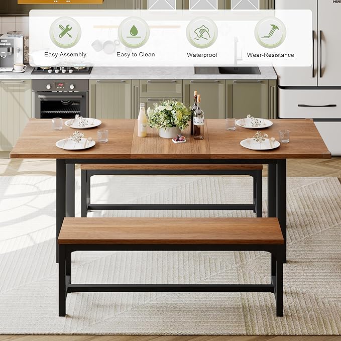 Feonase 63" Dining Table Set for 4-6, Extendable Dining Room Table with 2 Benches, 3 Pcs Kitchen Table for Small Space, Easy Clean, Walnut - LeafyLoom
