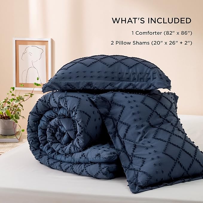Bedsure Full Size Comforter Set - Navy Blue Comforter, Boho Tufted Shabby Chic Bedding Comforter Set, 3 Pieces Vintage Farmhouse Bed Set for All Seasons, Fluffy Bedding Set with 2 Pillow Shams - LeafyLoom