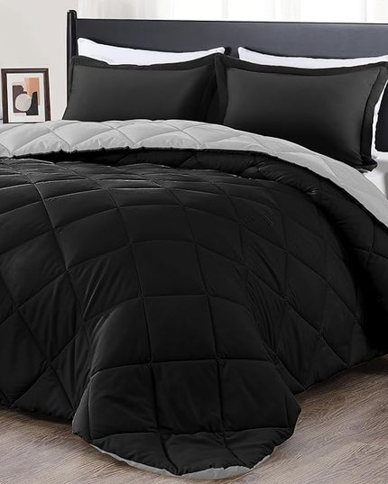 downluxe King Size Comforter Set - Black and Grey King Comforter, Soft Bedding Sets for All Seasons -3 Pieces - 1 Comforter (104"x92") and 2 Pillow Shams(20"x36") - LeafyLoom