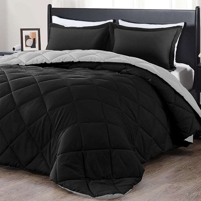 downluxe Full Size Comforter Set - Black and Grey Full Comforter - Soft Bedding Sets for All Seasons -3- Piece Comforter Set Full with 2 Reversible Pillow Shams - LeafyLoom