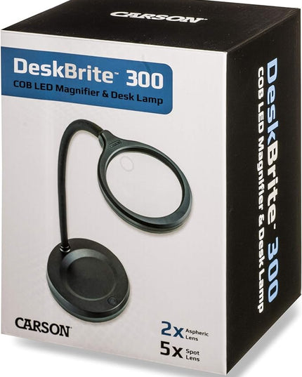 Carson DeskBrite300 COB LED Lighted 2x Aspheric Magnifier & Desk Lamp with 5x Spot Lens with Included USB-C Power Adapter, Black (LM-30) - LeafyLoom
