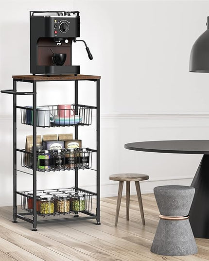 Kitchen Storage Cart on Wheels 4 Tier Utility Rolling Cart with Baskets Farmhouse Serving Cart with Handle Mesh Basket Pantry Cart Rack with Wooden Tabletop for Pantry Bathroom Office, Brown - LeafyLoom