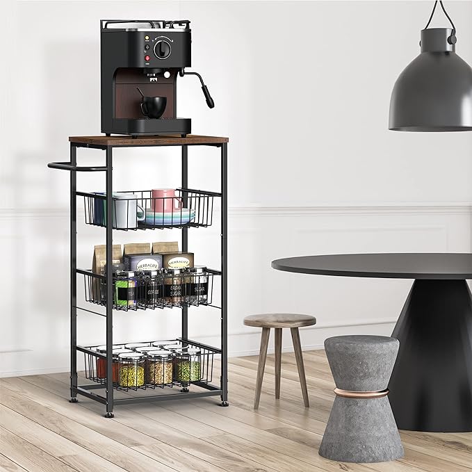 Kitchen Storage Cart on Wheels 4 Tier Utility Rolling Cart with Baskets Farmhouse Serving Cart with Handle Mesh Basket Pantry Cart Rack with Wooden Tabletop for Pantry Bathroom Office, Brown - LeafyLoom