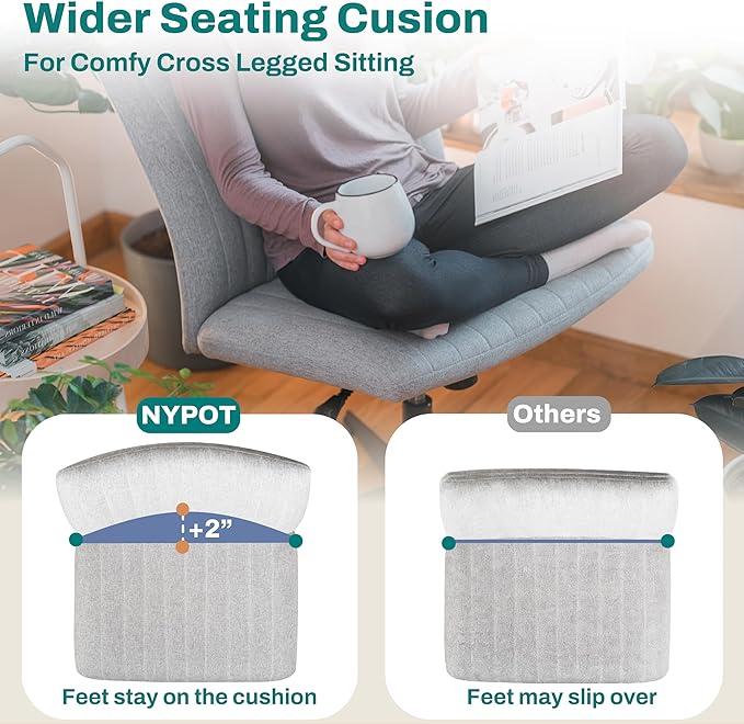 Criss Cross Chair - Wide Armless Desk Chair No Wheels, Cross Legged Office Chair, Adjustable Modern 360 Swivel Vanity, Fabric Padded,120° Rocking Ergonomic Mid Back Computer Task Chair - Grey - LeafyLoom