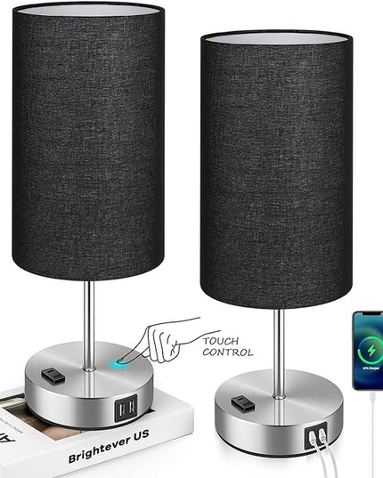 Black Touch Control Table Lamp Set of 2, with 2 USB Charging Ports&AC Outlet, 3-Way Dimmable Bedside Nightstand Lamps with Fabric Lampshade for Reading, Bedroom, Living Room, A19 LED Bulbs Included - LeafyLoom