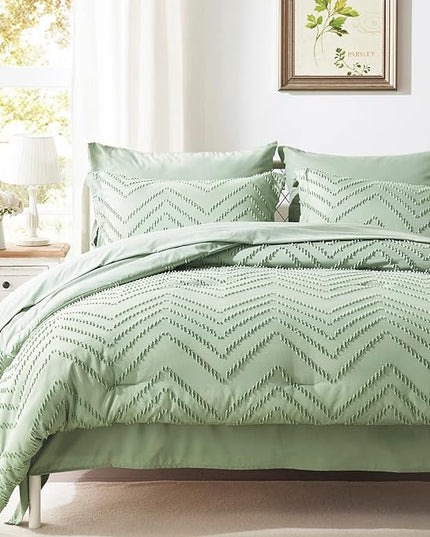 Anluoer Full Comforter Set, Sage Green, 7 Pieces with Sheets, All Season Bedding, Extra Cozy Down Alternative, Machine Washable - LeafyLoom