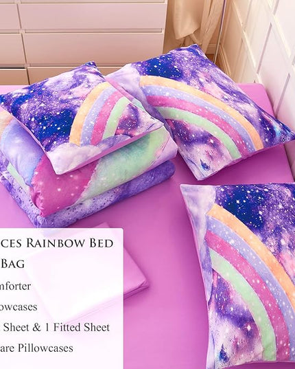 6Pcs Purple Rainbow Twin Size Bedding Set for Girls Gradient Glitter Kids Comforter Sets Tie Dye Girls Bed Set Sparkle Galaxy Bed in A Bag with Sheets - LeafyLoom