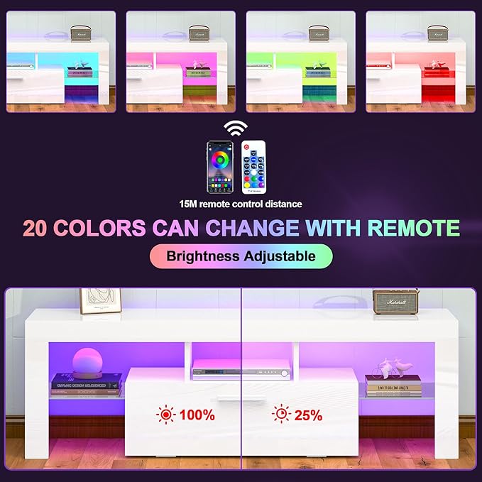 Clikuutory White LED TV Stand with Large Storage Drawer for 32 40 50 55 Inch TVs, Modern High gloss TV Console Table with Entertainment Center for Living Room, Bedroom, White - LeafyLoom