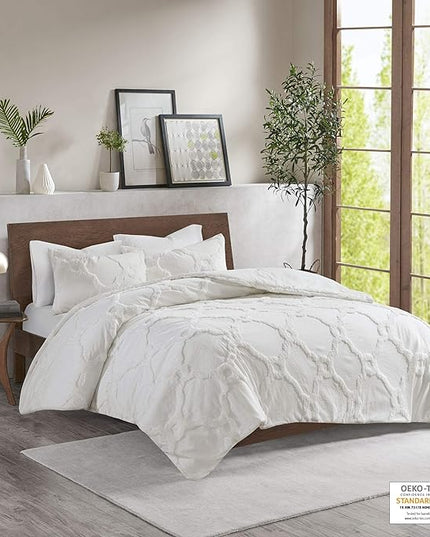 Madison Park Tufted Chenille Cotton Comforter, All Season Bedding Set, Matching Shams, Pacey Shabby Chic, Geometric Ogee Off White King/Cal King(104"x92") 3 Piece - LeafyLoom