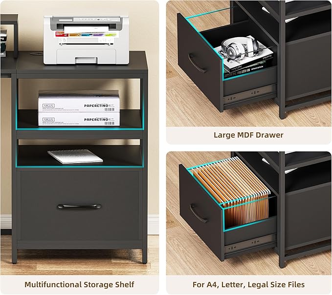 L Shaped Desk - 87" L Shaped Gaming Desk with Power Outlet & Monitor Shelf, Home Office Corner Computer Desk with Printer Shelf & File Drawer, Black - LeafyLoom