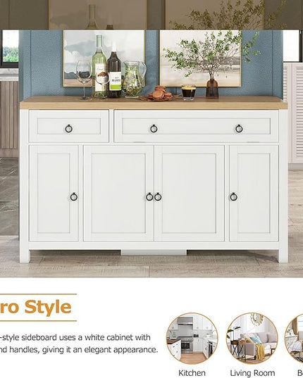 59.1" Retro Style Large Storage Space Sideboard with Flip Door and 1 Drawer,Multifunctional Buffet, w/ 4 Height-Adjustable Cabinets,for Dining, Living Room,Brown+Antique White - LeafyLoom