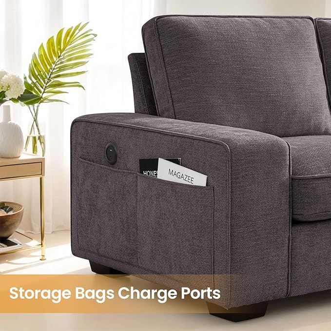 COHOME 100" L-Shaped Couch with Storage, Chenille Upholstered Deep Seat Couch for Living Room, Sofa with Reversible Chaise, Removable Covers, 3-Seater Apartment Sofa with Charge Ports,Dark Grey - LeafyLoom