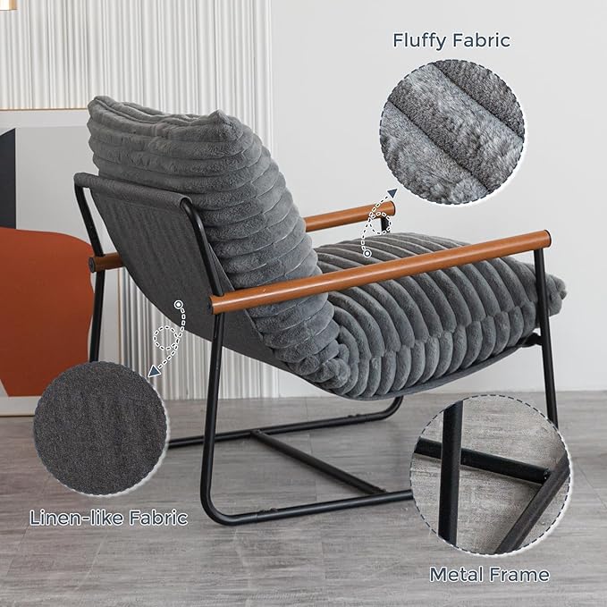 MAXYOYO Accent Chair, Sherpa Arm Chair for Living Room, Mid Century Modern Accent Chairs, Boucle Reading Bedroom Chair, Teddy Armchair, Wooden Arms Metal Frame - LeafyLoom