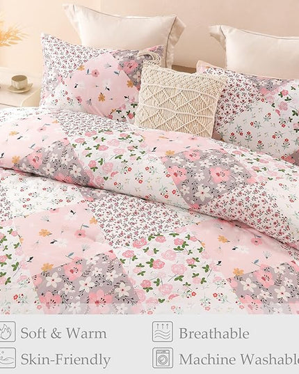 Whale Flotilla King Comforter Set, Soft Reversible Pink Bedding Comforter Set with Boho Pattern, 1 Micoriber Patchwork Comforter and 2 Pillow Shams, 3 Pieces - LeafyLoom