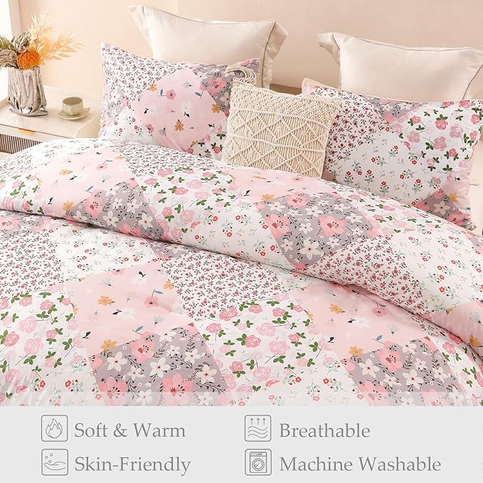 Whale Flotilla Queen Full Comforter Set, Soft Reversible Pink Bedding Comforter Set with Boho Pattern, 1 Micoriber Patchwork Comforter and 2 Pillow Shams, 3 Pieces - LeafyLoom