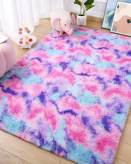 AROGAN Soft Rainbow Area Rugs for Girls Room 4x6 Feet, Fluffy Bedroom Rugs, Princess Rug, Cute Colorful Carpet for Kids Teens Nursery Toddler, Hot Pink - LeafyLoom