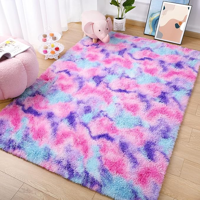 AROGAN Soft Rainbow Area Rugs for Girls Room 4x6 Feet, Fluffy Bedroom Rugs, Princess Rug, Cute Colorful Carpet for Kids Teens Nursery Toddler, Hot Pink - LeafyLoom