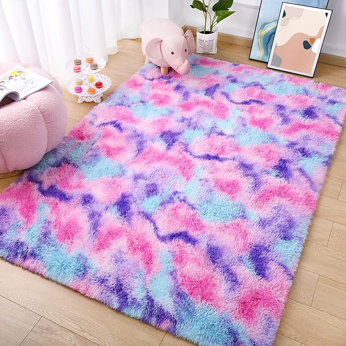AROGAN Soft Rainbow Area Rugs for Girls Room 3x5 Feet, Fluffy Cute Colorful Princess Carpet for Kids Teens Nursery Toddler,Bedroom Hot Pink - LeafyLoom