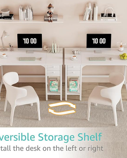 Lufeiya White Small Desk with Drawers - 40 Inch Computer Desk for Small Space Home Office, Modern Simple Study Writing Table PC Desks - LeafyLoom