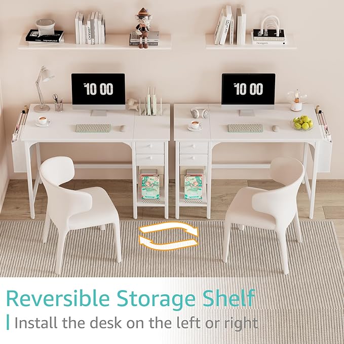 Lufeiya White Small Desk with Drawers - 40 Inch Computer Desk for Small Space Home Office, Modern Simple Study Writing Table PC Desks - LeafyLoom