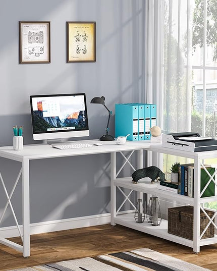 Tribesigns Reversible Industrial L-Shaped Desk with Storage Shelves, Corner Computer Desk PC Laptop Study Table Workstation for Home Office Small Space (White, 53") - LeafyLoom