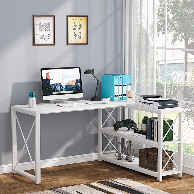 Tribesigns Reversible Industrial L-Shaped Desk with Storage Shelves, Corner Computer Desk PC Laptop Study Table Workstation for Home Office Small Space (White, 53") - LeafyLoom
