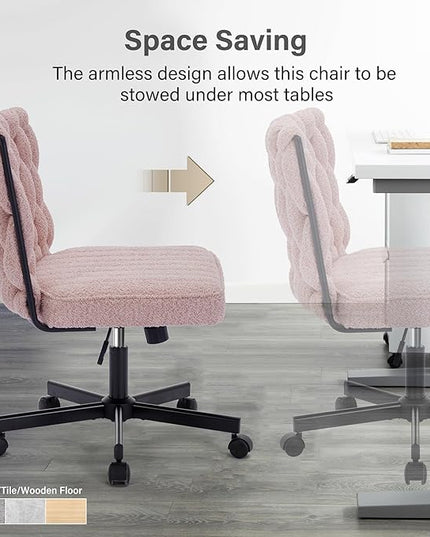 Criss Cross Legged Office Desk Chair with Wheels, Modern Armless Desk Chair with Wide Seat, Home Office Chair for Work, Meditation, Vanity, Pink - LeafyLoom