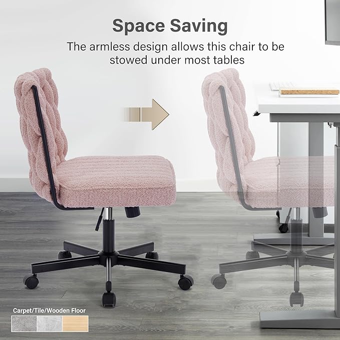 Criss Cross Legged Office Desk Chair with Wheels, Modern Armless Desk Chair with Wide Seat, Home Office Chair for Work, Meditation, Vanity, Pink - LeafyLoom