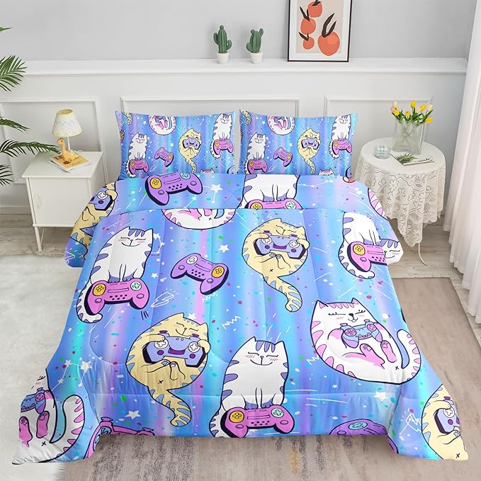 Datura home Cat Comforter Set Blue Kawaii Cat Printed Quilt Bedding Set with 1 Comforter and 2 Pillowcases for Boys and Girls Bedroom All Season(Blue Cat Twin) - LeafyLoom
