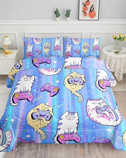 Datura home Cat Comforter Set Blue Kawaii Cat Printed Quilt Bedding Set with 1 Comforter and 2 Pillowcases for Boys and Girls Bedroom All Season(Blue Cat Full) - LeafyLoom