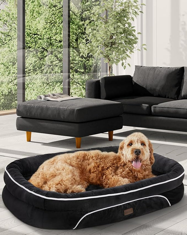 OhGeni Orthopedic Dog Bed Couch for X-Large Sized Pets with Egg Foam Support, Four-Sided Bolster Cushions, Soft Tear-Resistant Fabric, and Removable Machine Washable Plush Cover 42-Inch (Black) OhGeni
