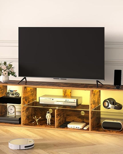 VECELO LED TV Stand with Lights & Power Outlet for 65 inch Gaming Entertainment Center with 7 Open Storage Shelves, Industrial Television Cabinet for Living Room, Bedroom, Retro Brown, 65inch - LeafyLoom