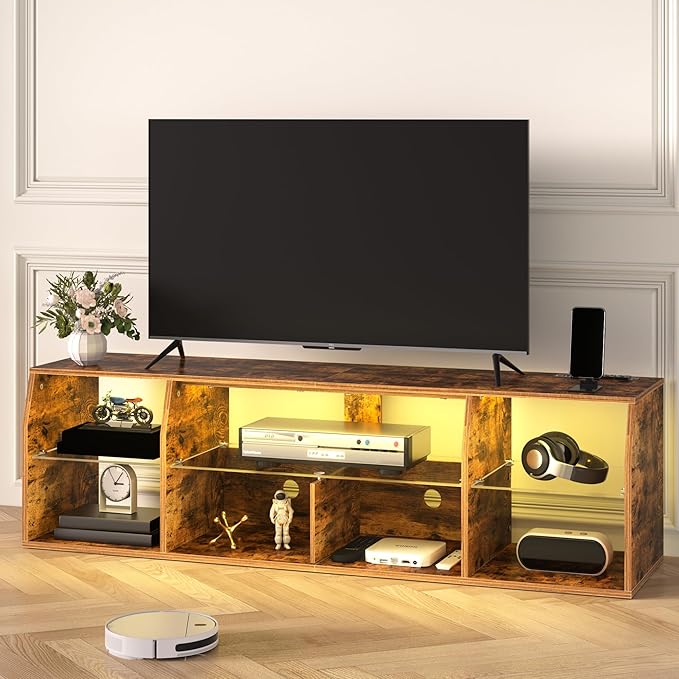 VECELO LED TV Stand with Lights & Power Outlet for 65 inch Gaming Entertainment Center with 7 Open Storage Shelves, Industrial Television Cabinet for Living Room, Bedroom, Retro Brown, 65inch - LeafyLoom