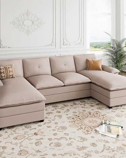 Shintenchi 110" Modular Sectional Couches for Living Room, U-Shaped Sofa Couch with Double Chaise, 4 Seat Sofa Sets with Thick Cushion & Soft Backrest, Beige - LeafyLoom
