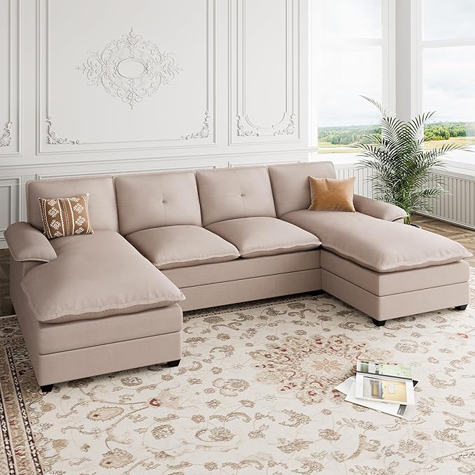 Shintenchi 110" Modular Sectional Couches for Living Room, U-Shaped Sofa Couch with Double Chaise, 4 Seat Sofa Sets with Thick Cushion & Soft Backrest, Beige - LeafyLoom