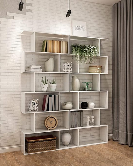 Yusong S Shaped Bookshelf, Modern Geometric Bookcase, 6-Tier White Display Case Book Shelf - LeafyLoom
