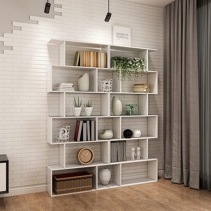 Yusong S Shaped Bookshelf, Modern Geometric Bookcase, 6-Tier White Display Case Book Shelf - LeafyLoom