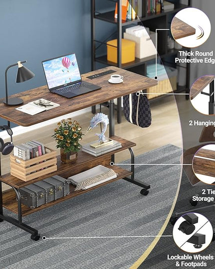 Height Adjustable Standing Desk with Power Outlets, 39" Manual Stand Up Desk with Storage Shelves Small Mobile Rolling Computer Desk Portable Laptop Table with Wheels for Home Office, Rustic - LeafyLoom