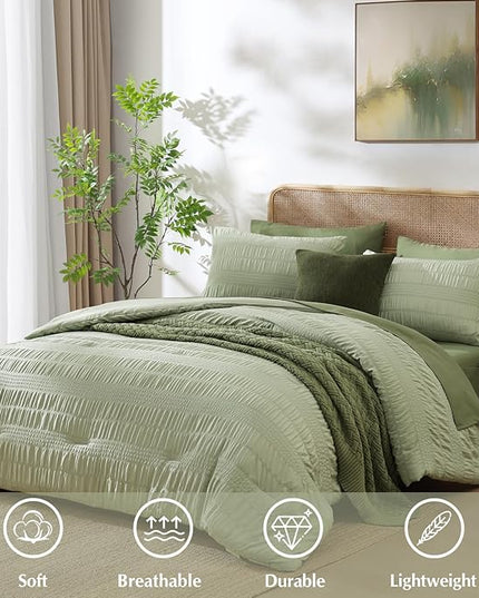 CASAAGUSTO Queen Comforter Set, 7 Pieces Sage Green Seersucker Bed in a Bag Queen Size Soft All Seasons, Bedding Sets with Comforter, Flat Sheet, Fitted Sheet, 2 Pillow Shams, 2 Pillowcases - LeafyLoom